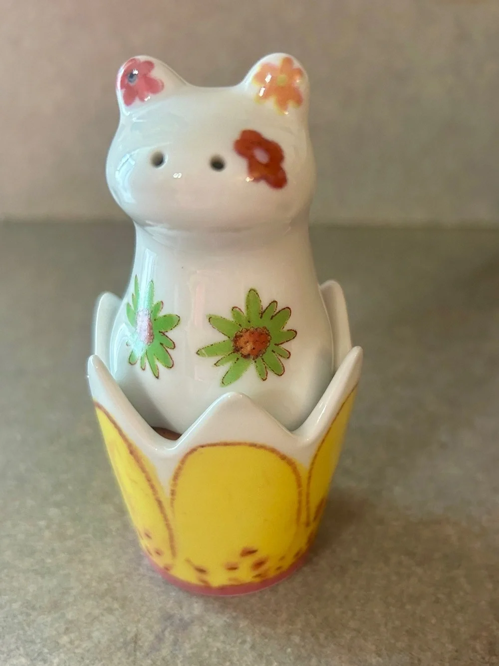 White Ceramic Frog Salt Shaker with Yellow flower pepper Shaker